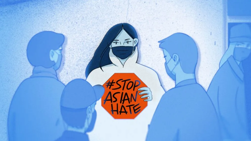 An illustration with a woman holding a sign that reads Stop Asian Hate