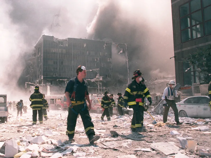Firefighters and emergency responders on site at Ground Zero in New York City.