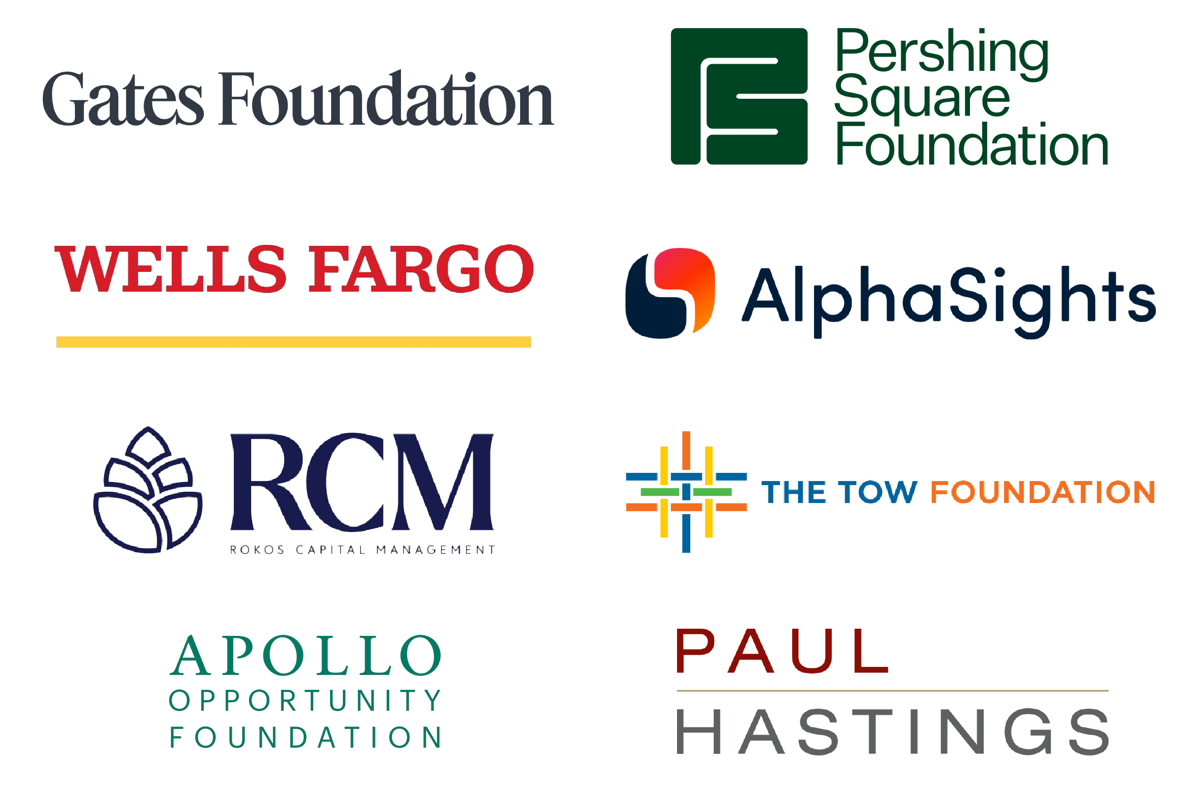 Gates Foundation, Pershing Square Foundation, Wells Fargo, AlphaSights, Rokos Capital Management, The Tow Foundation, Apollo Opportunity Foundation, Paul Hastings