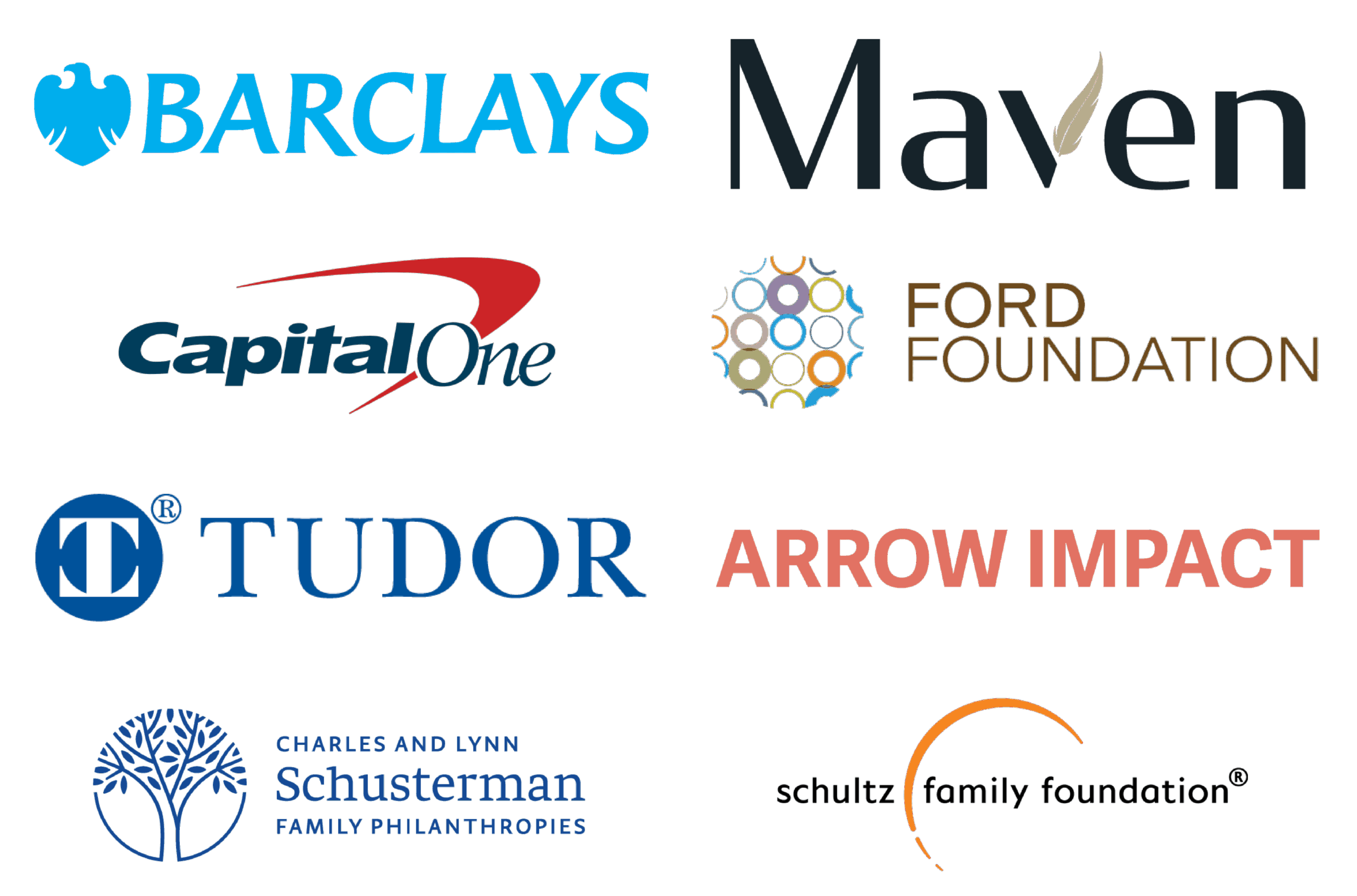 Barclays, Maven, Capital One, Ford Foundation, Tudor Investments, Arrow Impact, Charles and Lynn Schusterman Family Philanthropies, Schultz Family Foundation