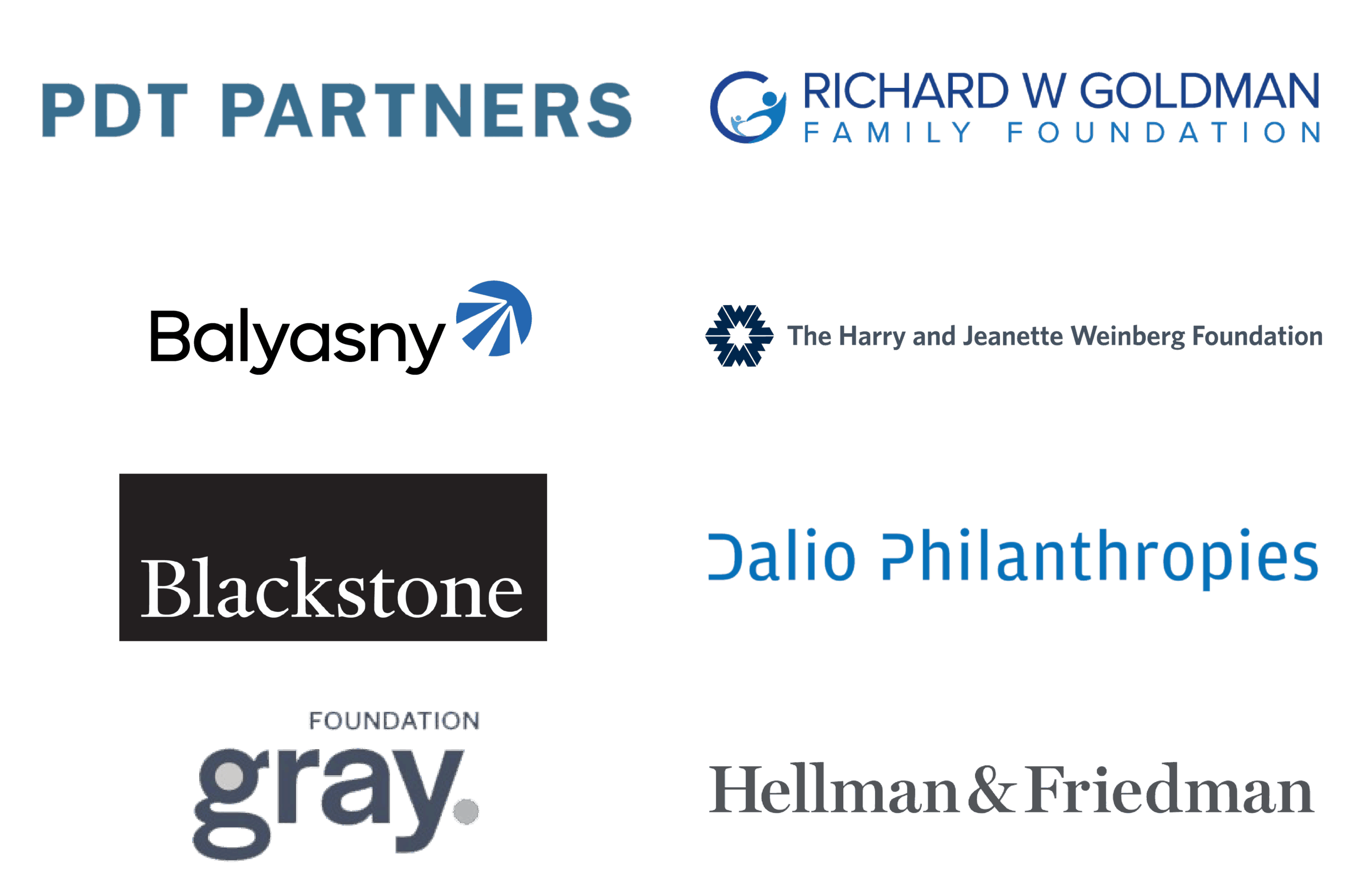 PDT Partners, Richard W. Goldman Family Foundation, Balyasny, The Harry and Jeanette Weinberg Foundation, Blackstone, Dalio Philanthropies, Gray Foundation, Hellman & Friedman
