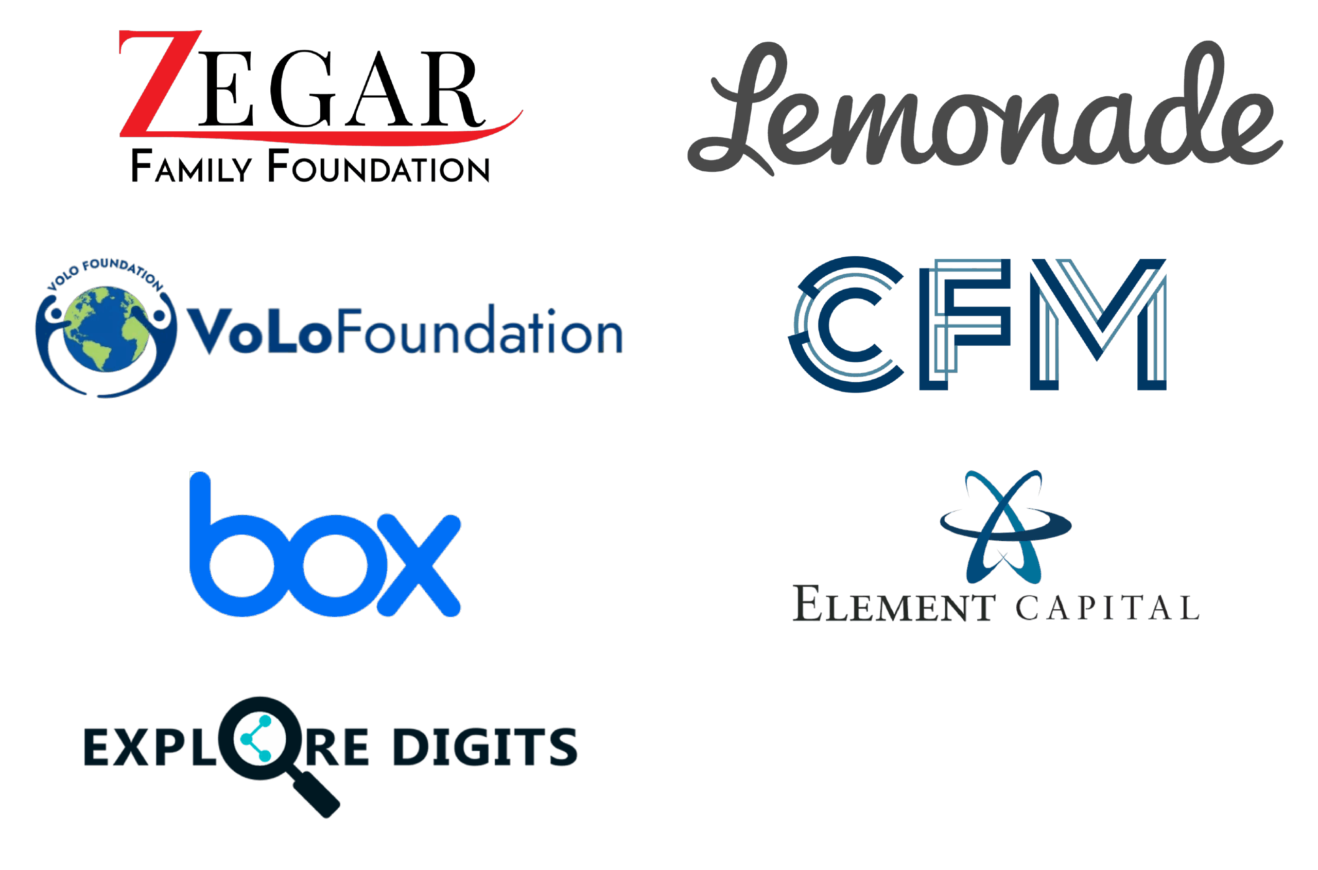 Zegar Family Foundation, Lemonade, VoLo Foundation, CFM, Box, Element Capital, Explore Digits